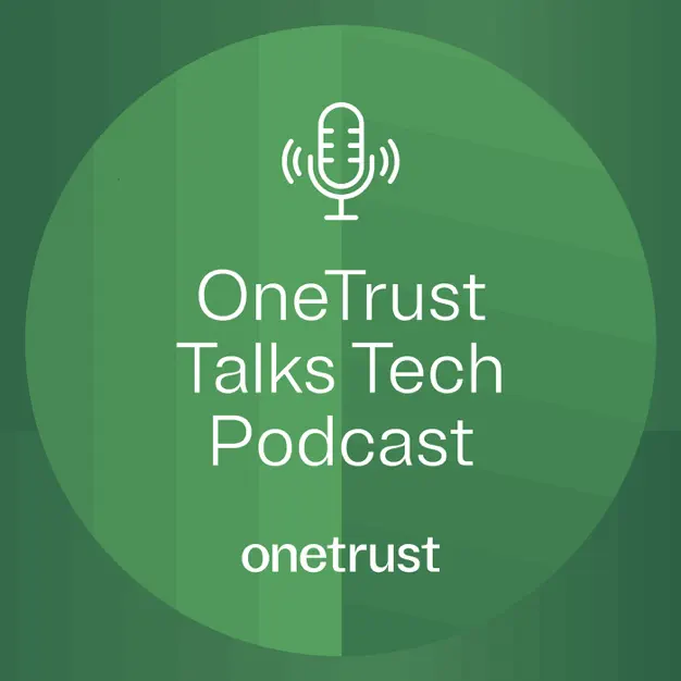 Graphic showing the OneTrust and OneTrust Talks Tech podcast logos underneath a microphone icon overlaid on top of a dark green background with a circular step gradient in the center.